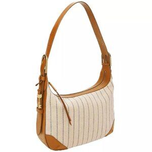 FOSSIL Tan W/ Blue Stripes HANNAH HOBO Canvas & Leather Shoulder Bag